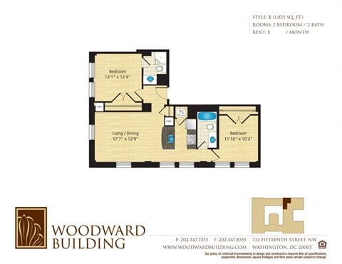 Floor plan for 2 beds, 2 baths, 1025 sqft